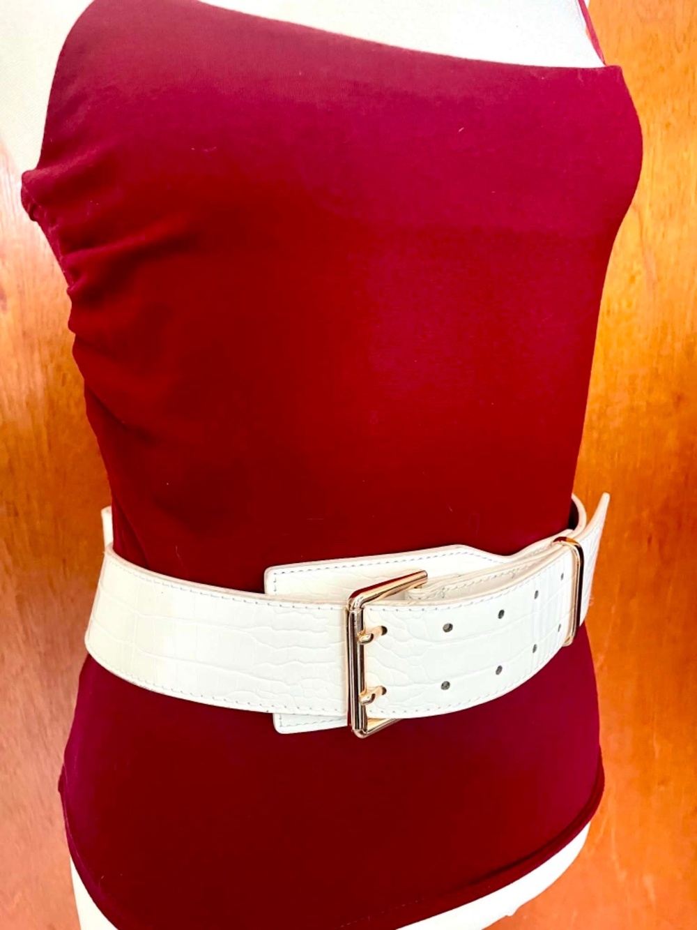 White Croc Embossed Wide Belt Gold Double Prong Buckle Chunky Oversized Retro